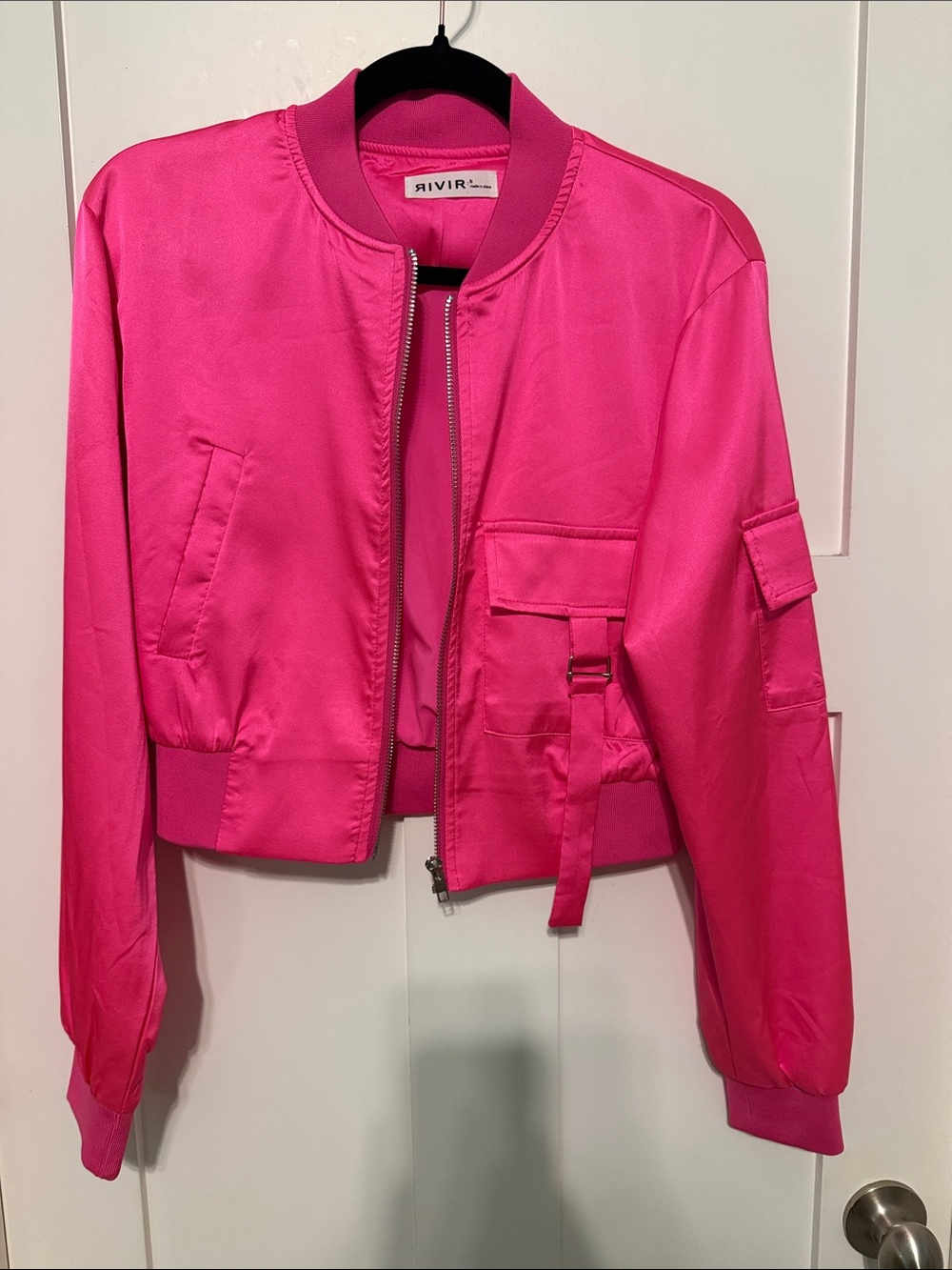 RIVIR Bright Pink Cropped Barbiecore Satin Bomber Jacket size S